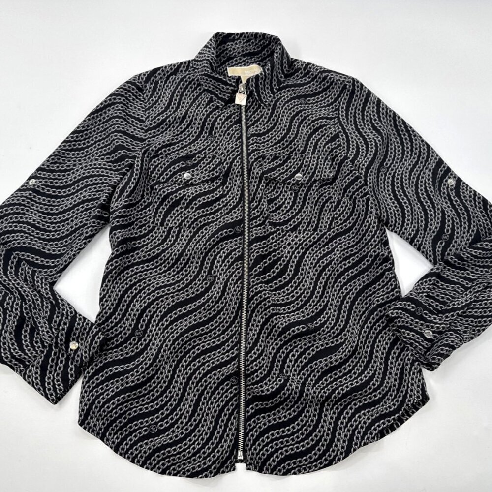 MICHAEL Kors Blouse Women’s Small Full Zip Long Sleeve Black Chain Logo
